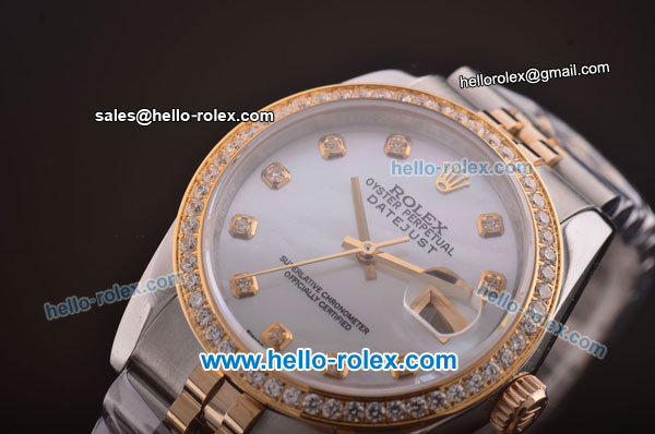 Rolex Datejust Swiss ETA 2836 Automatic Diamond Bezel with White MOP Dial and 18K Gold Strap - 1:1 Original - Click Image to Close